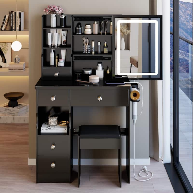 29.2"Small Size Drawer Desktop Vanity Table+Cushioned Stool,2 AC+2 USB Power Station,Hair dryer bracket,Touch Control LED Mirror - Black