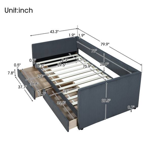 Twin Size Grey Corduroy Accent Daybed Sofa Bed Dual Storage Drawers & Wood Slat Modern Design