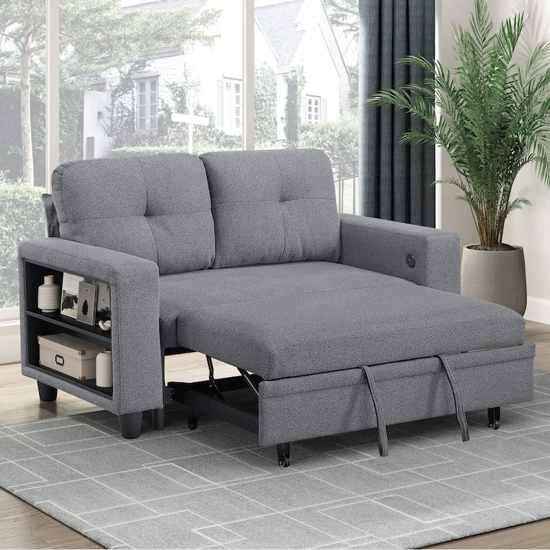 Hazel 56.5" Boucle 2-Seater Loveseat - Pull-out Bed, Shelves, USB Port