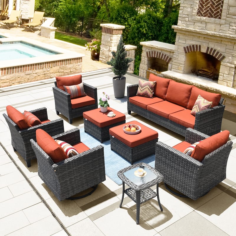 OVIOS 8-Piece Swivel Chairs Patio Wicker Conversation Furniture Set - Red/Orange