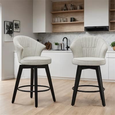 Chenille Upholstery Wing Back Swivel Bar Stools w/ Wood Legs(Set of 2)