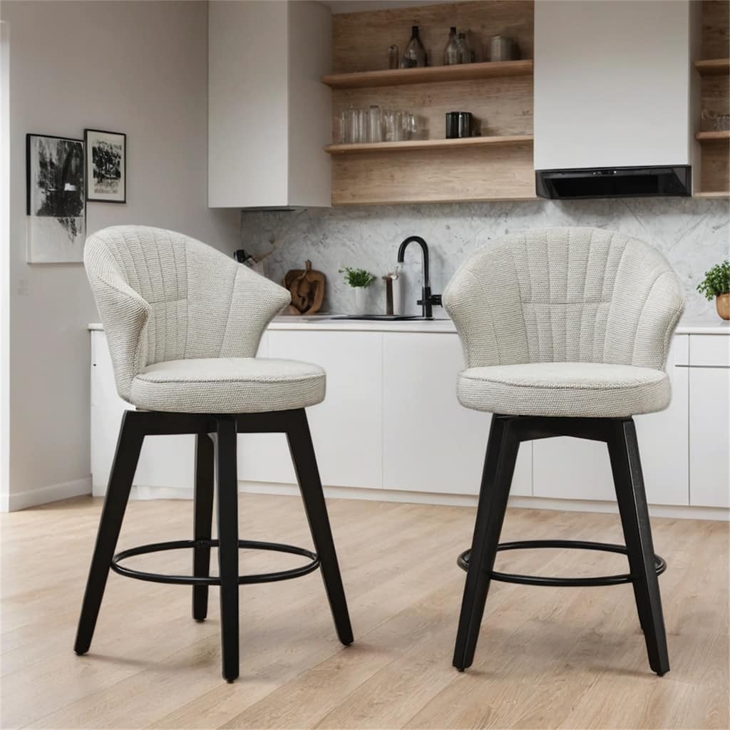 Chenille Upholstery Wing Back Swivel Bar Stools w/ Wood Legs(Set of 2)
