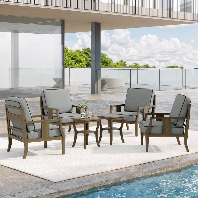 6-Piece Outdoor Teak Seating Set Armchair Patio Conversation Sets with 2 Tables, Cushion - Natural Wood - Grey