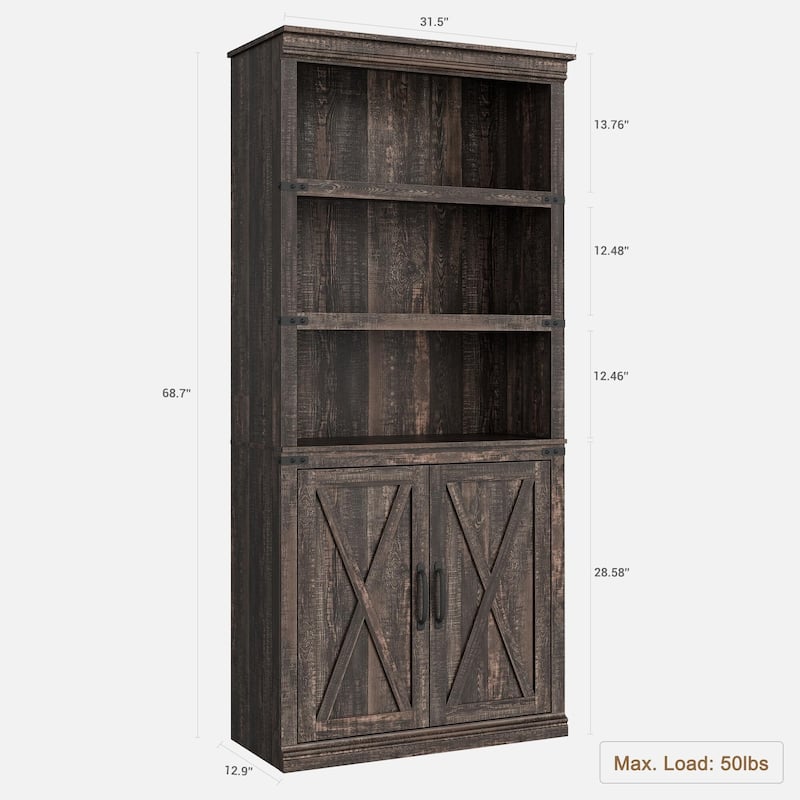 Book Shelf with Door, 5 Tier Wooden Book Case with Storage, 68.7"