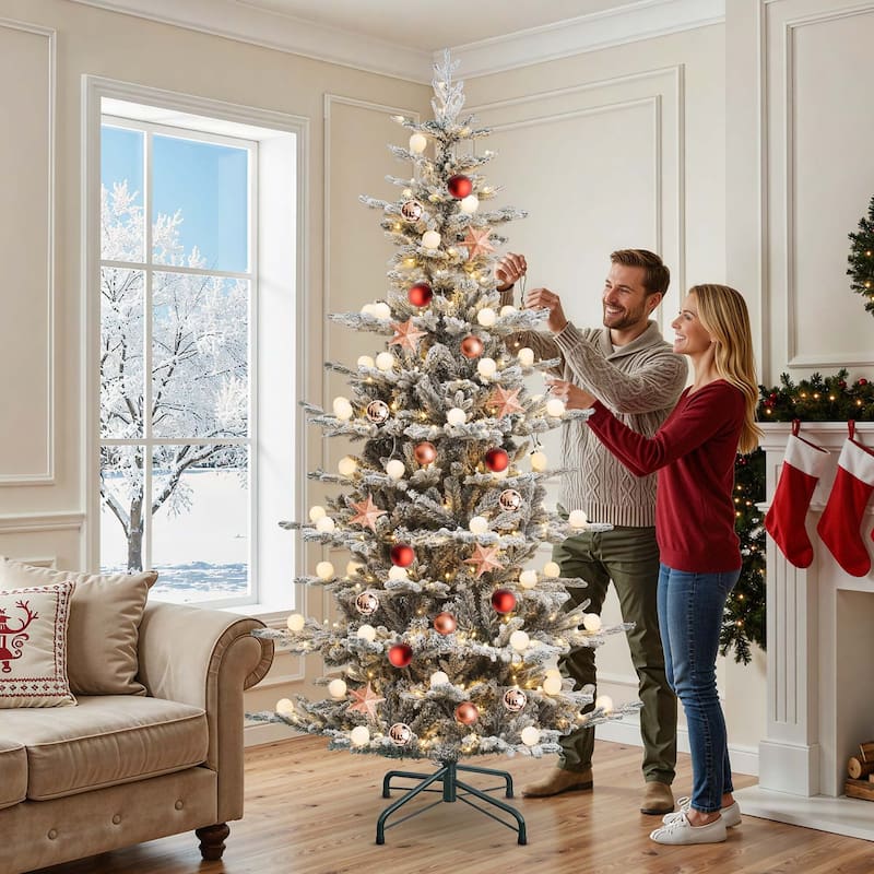 7.5ft Pre-Lit Flocked Artificial Christmas Tree with Glittering Diamond Accents & Multi-Color Lights