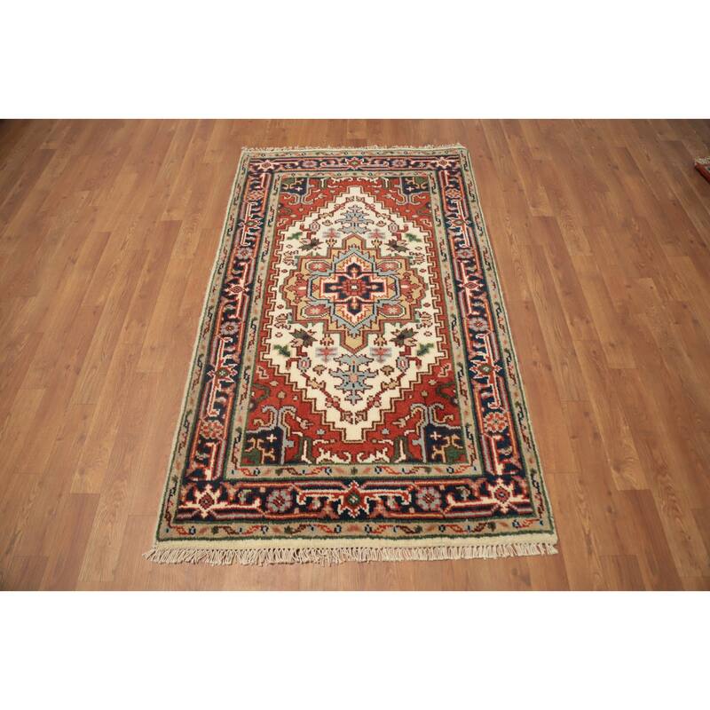 Hand Knotted Oriental 100% Wool Carpet Traditional Medallion Beige & Ivories Heriz (serapi) Area Rug - 5' 0'' X 3' 0''