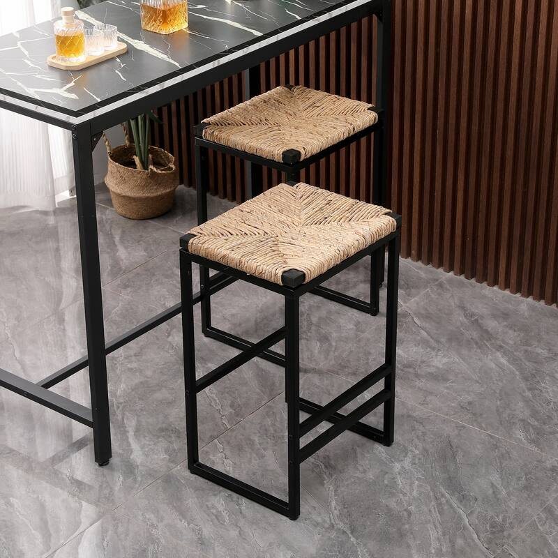 Set of 2 Backless Bar Stools, Paper Rope Backless/Water Hyacinth Backless