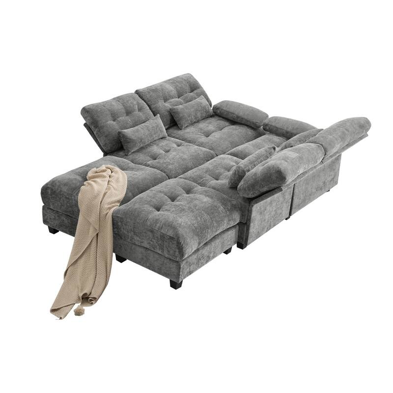 119" Chenille Sectional Sofa with 2 Ottomans and 4 Pillows, Adjustable Backrests