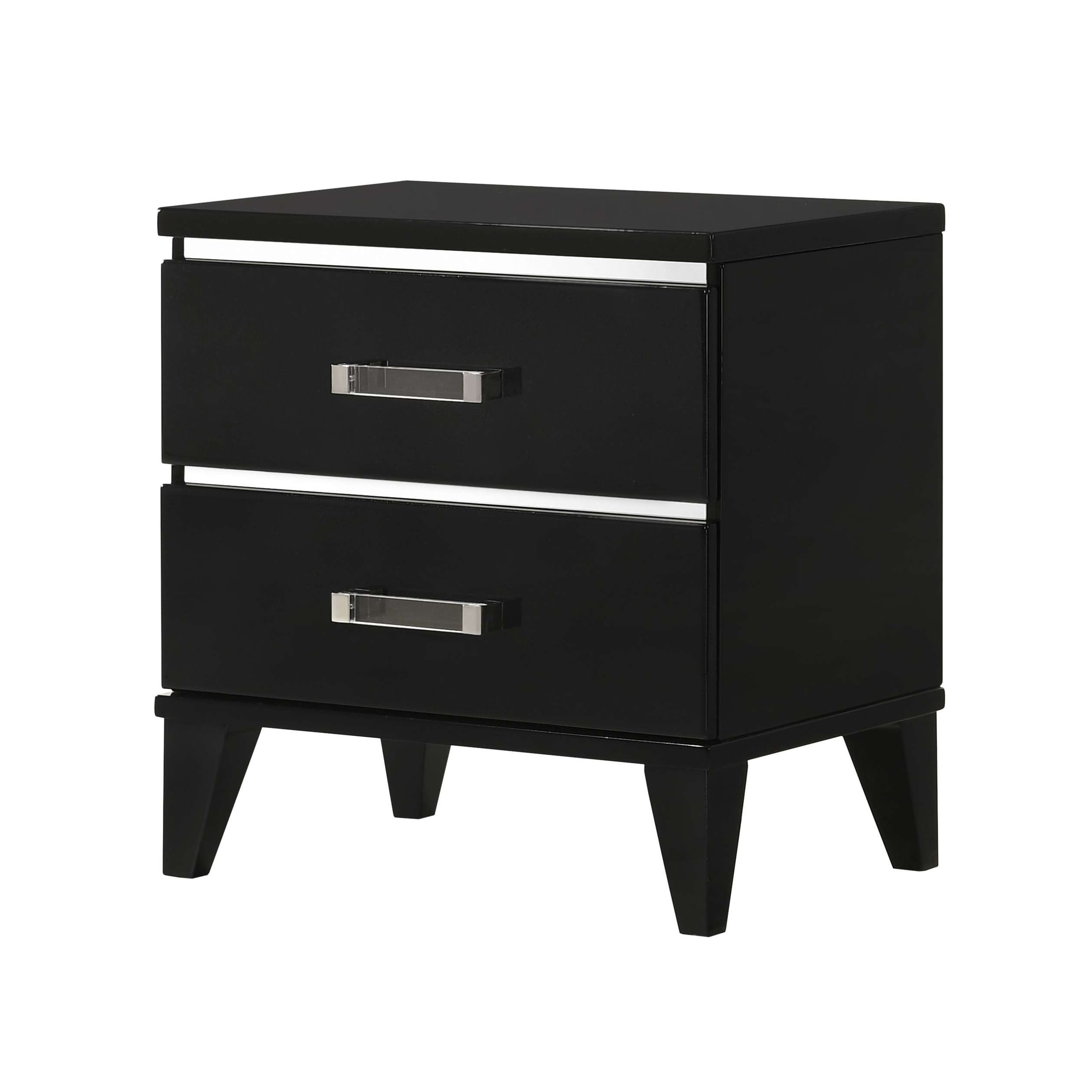 Modern Sophisticated Glossy Black Nightstand with 2 Spacious Drawers