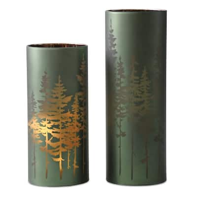 Pine Tree Glass Christmas Candle Holders - 9.5" - Set of 2