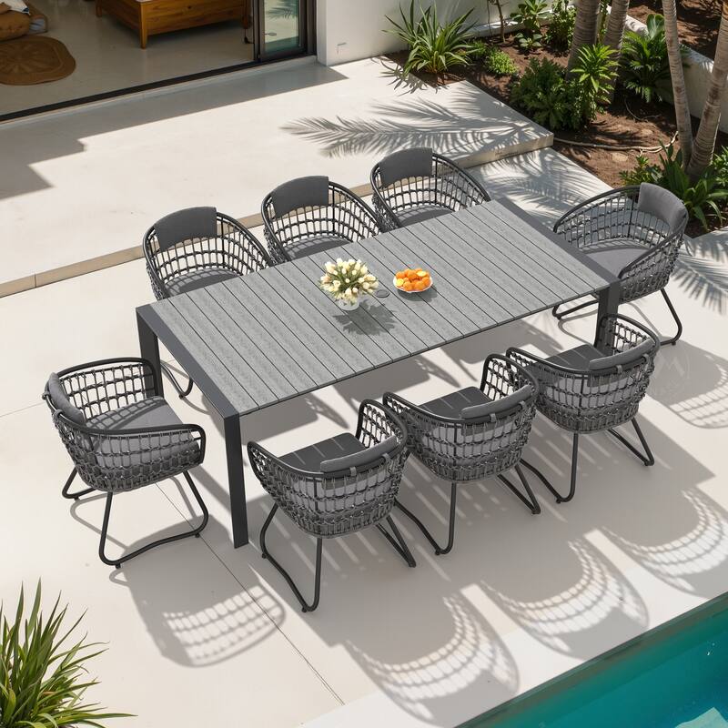 Outdoor Patio Dining Set Aluminum Table with Umbrella Hole with Rattan Chairs - Grey - Set of 9