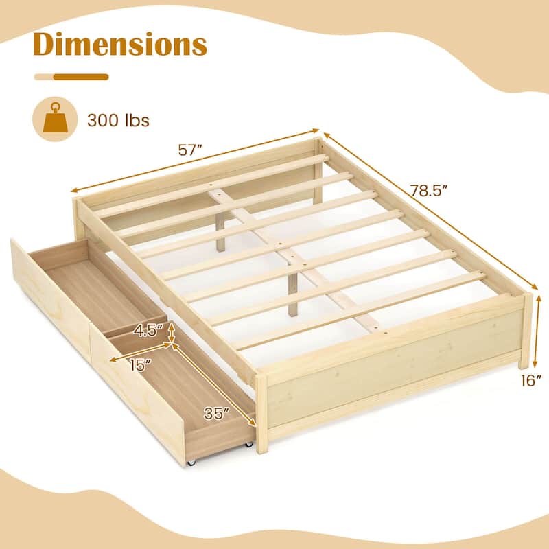 Costway Full/Queen Size Wooden Platform Bed with 2 Rolling Storage