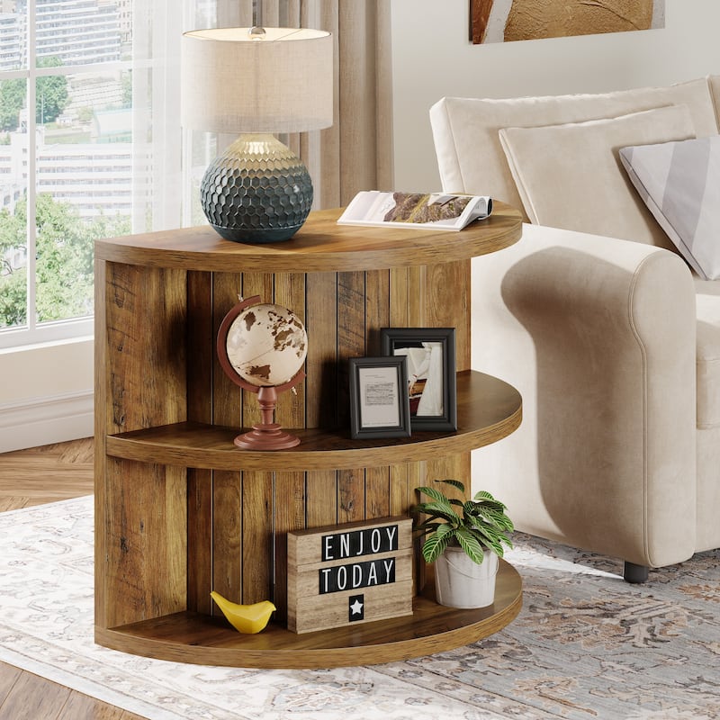 3-tier Half Round Side Table, Wooden End Table with Storage Shelves