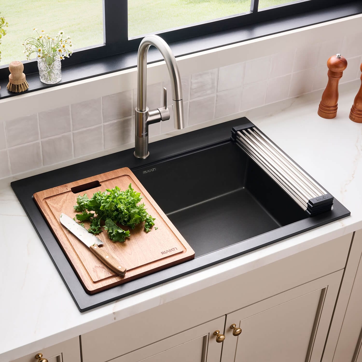 Ruvati 33-inch Drop-in Topmount Workstation Granite Composite Quartz Kitchen Sink - Midnight Black - RVG1303BK