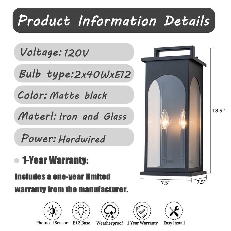 2-Light H19” Outdoor Wall Lantern Large Black Exterior Wall Light with Clear Tempered Glass for Front Door, Garage - W8‘’