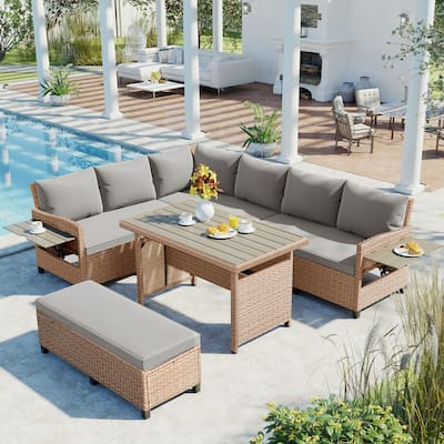 Roomfitters 5-Piece Outdoor PE Wicker Patio Sofa Set with 2 Extendable Side Tables, Dining Table