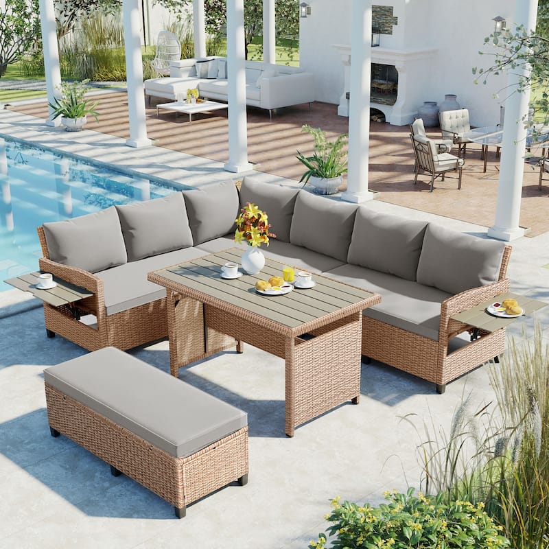 Roomfitters 5-Piece Outdoor Rattan Sofa Set, Patio Sectional Furniture with Dining Table, Storage Bench, Side Trays - Brown