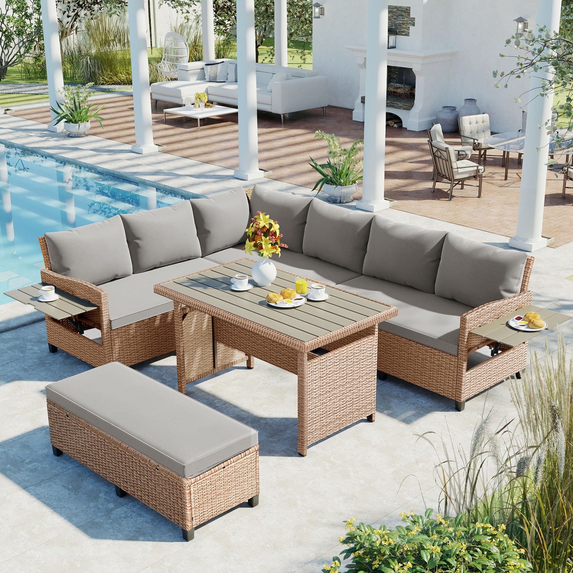 Roomfitters 5-Piece Outdoor Rattan Sofa Set, Patio Sectional Furniture with Dining Table, Storage Bench, Side Trays