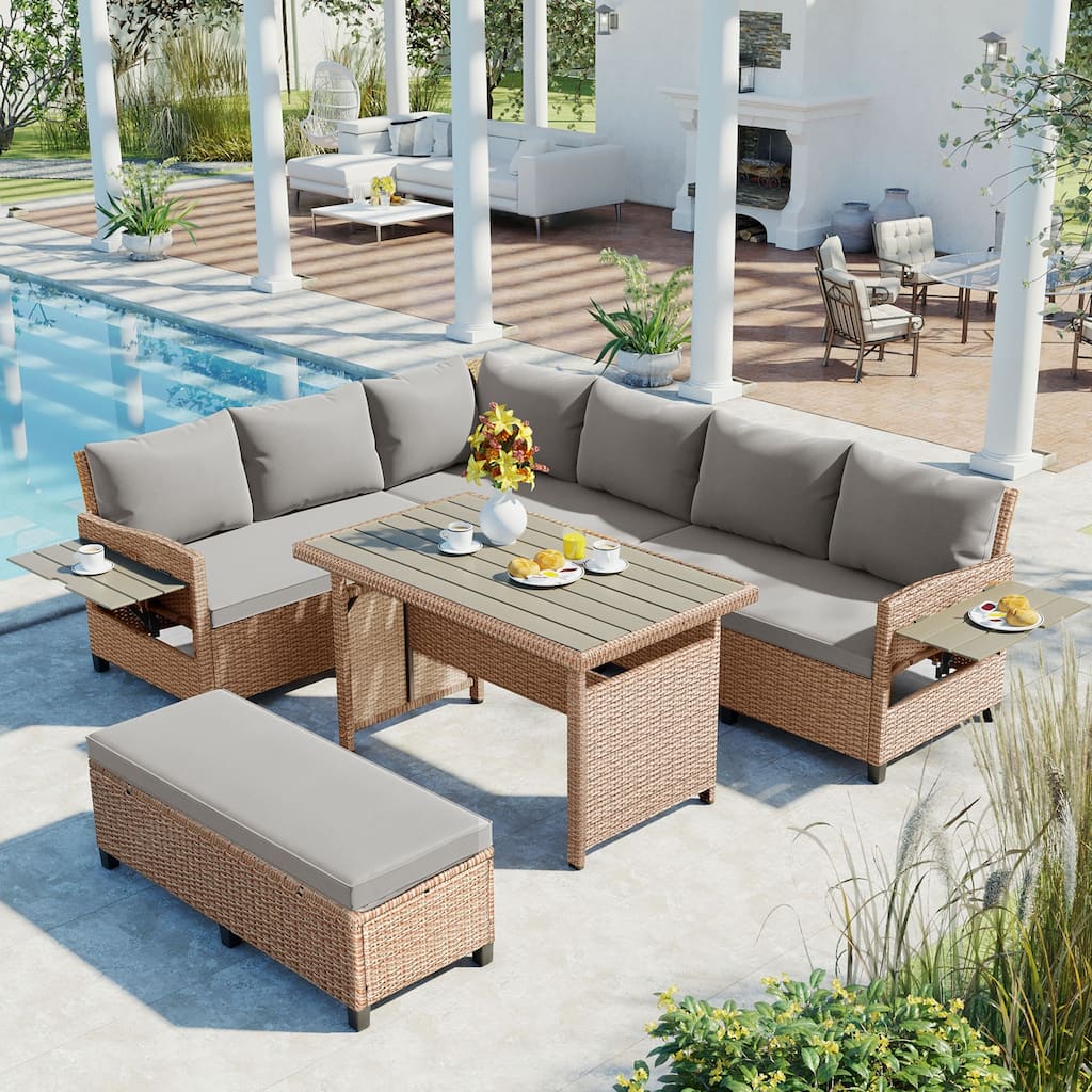 Roomfitters 5-Piece Outdoor Rattan Sofa Set, Patio Sectional Furniture with Dining Table, Storage Bench, Side Trays