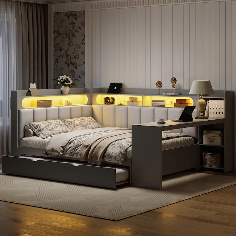 Roomfitters Full Daybed with Trundle, Charging Station and Upholstered Headboard