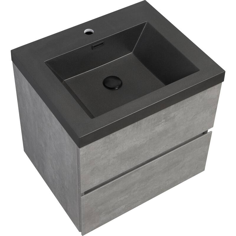 36" Wall-Mounted Floating Vanity with Premium Quartz Sand Basin, Grey Modern Storage Cabinet