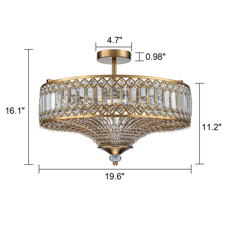 Mid Century 6-Light Gold 19.6-in Glam Crystal Semi Flush Mount with Drum Shade - 19.6
