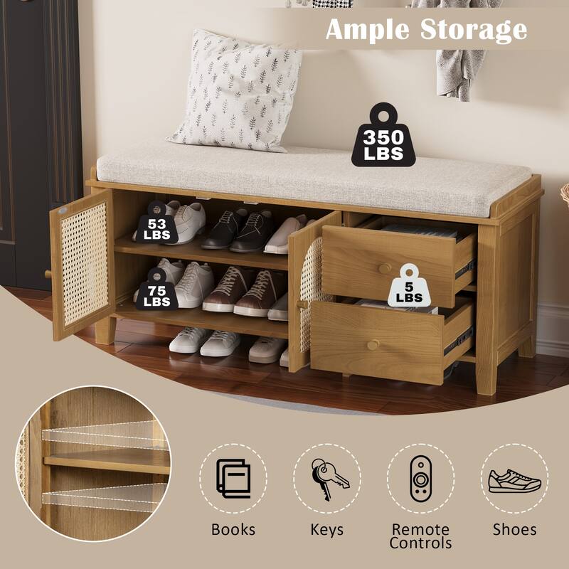 Storage Entryway Bench Wooden Shoe Bench with 2 Drawers, 2 Rattan Door & Removable Cushion for Living Room Entryway Hallway