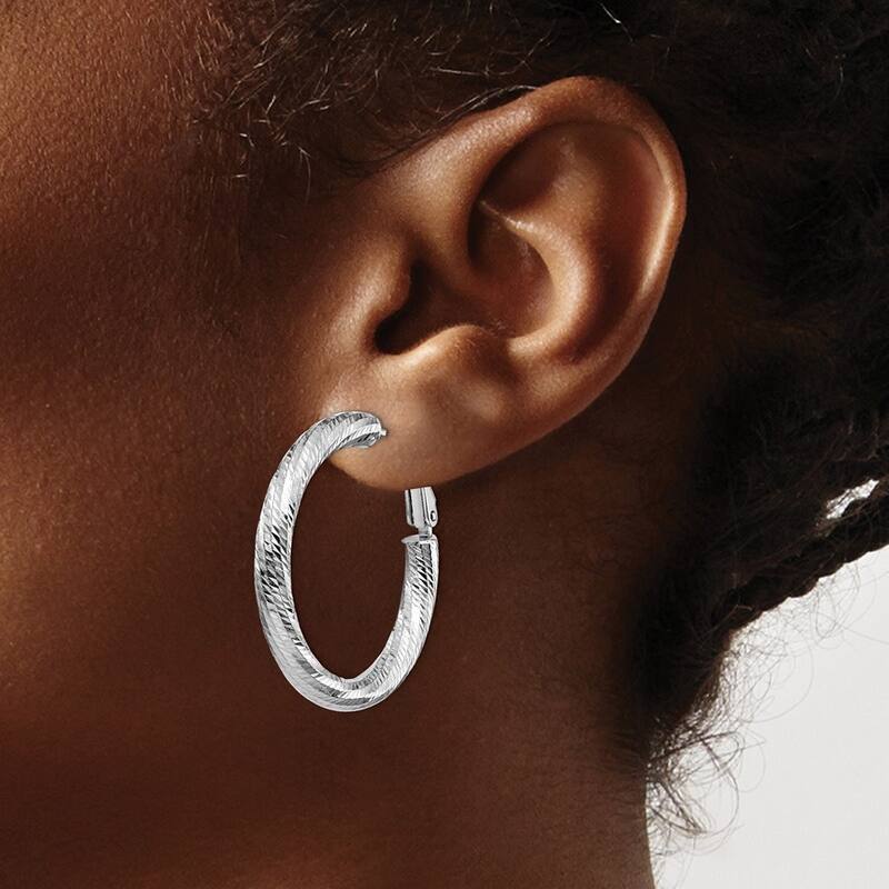 Curata 14k 4x25 White Gold Sparkle Cut Round Omega Back Hoop Earrings - 33.66x33.37mm Wide 4mm Thi
