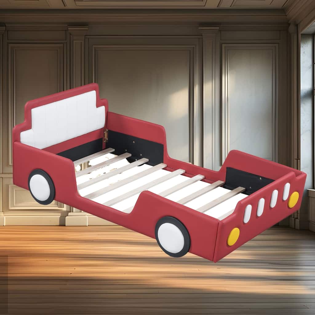 Twin Size Race Car Platform Bed with PU Leather Upholstery, Safety Rails, and Realistic Wheel Design for Kids' Bedrooms