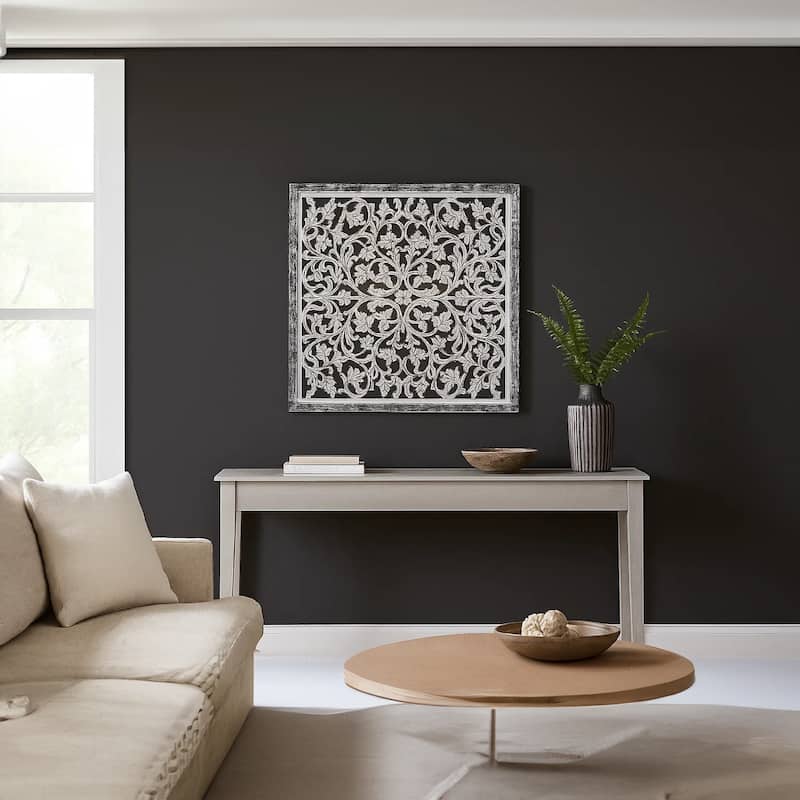 Ozy Carved Mango Wood Wall Decor 36 Inch Square Handcrafted Distressed Black & White