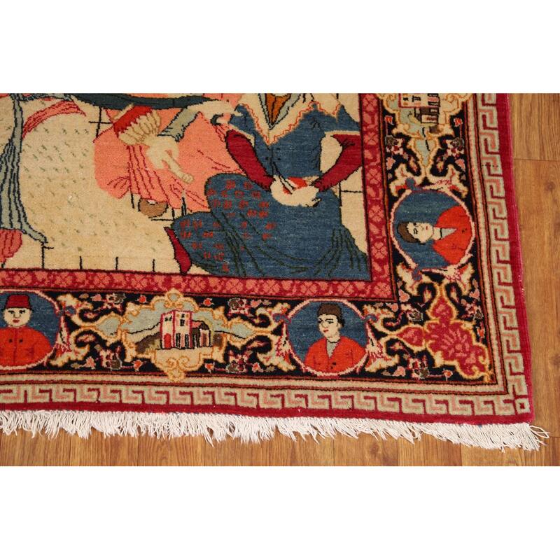 Pre-1900 Antique Pictorial Kashan Persian Rug Hand-Knotted Wool Carpet - 4'3"x 7'0"