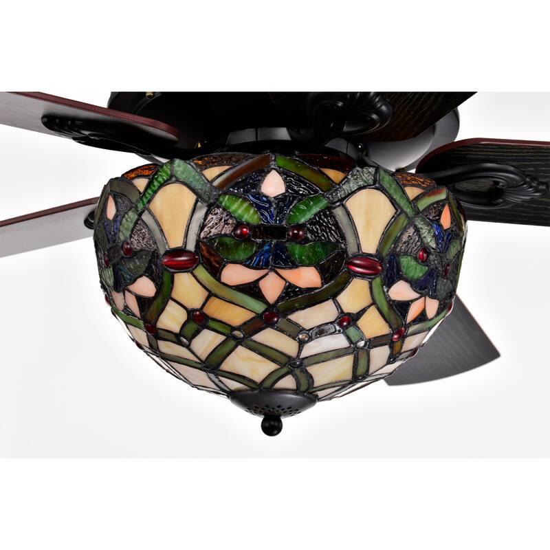 Parponk 52-Inch Flushmount Two-Tiered Lighted Ceiling Fan Green Hatch Tiffany Glass Lamp Black Finish