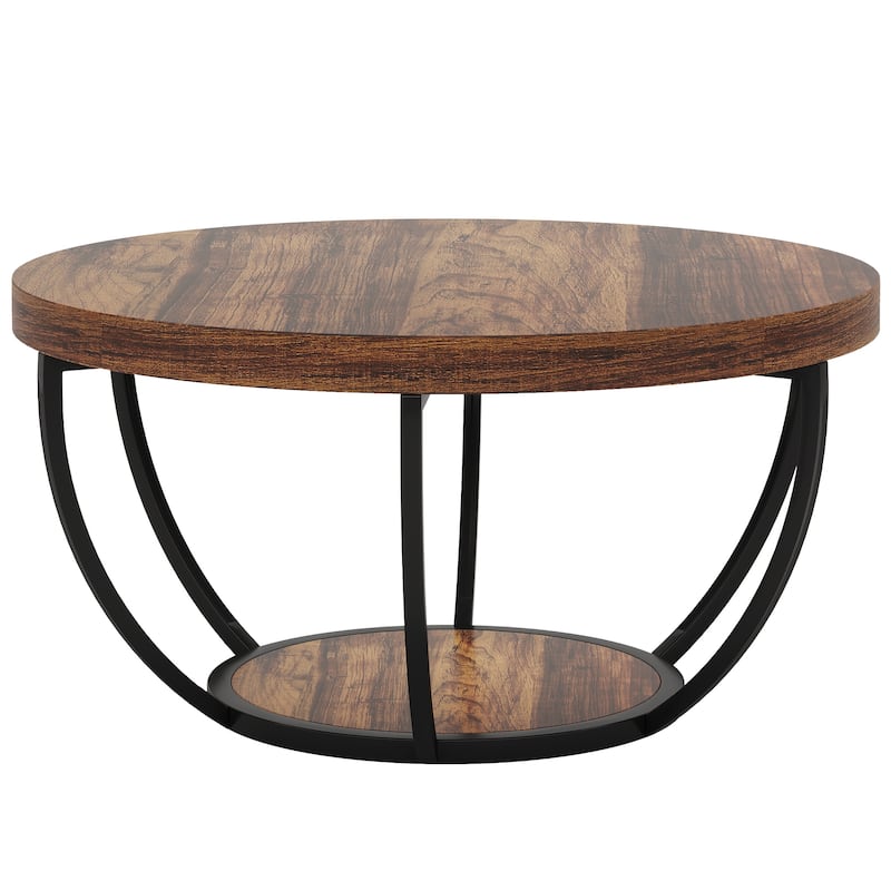 Round Coffee Table, 31.7" Wooden 2-Tier Circle Coffee Table with Storage Shelves, Accent Cocktail Table Center Table
