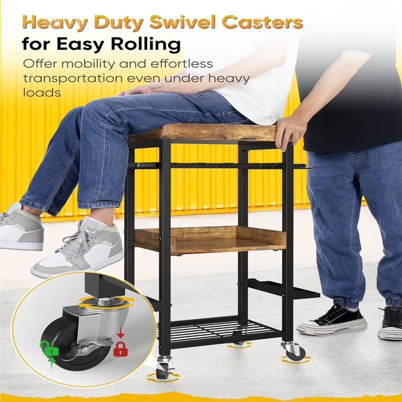 4 Tier Rolling Cart Stackable Fruit Vegetable Basket with Wheels and 2 Hanging Basket - 11.75"D x 15.75"W x 33"H