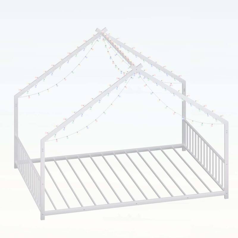 Platform Bed with LED light strips,roof-shaped iron frame,and low profile design for safety and style