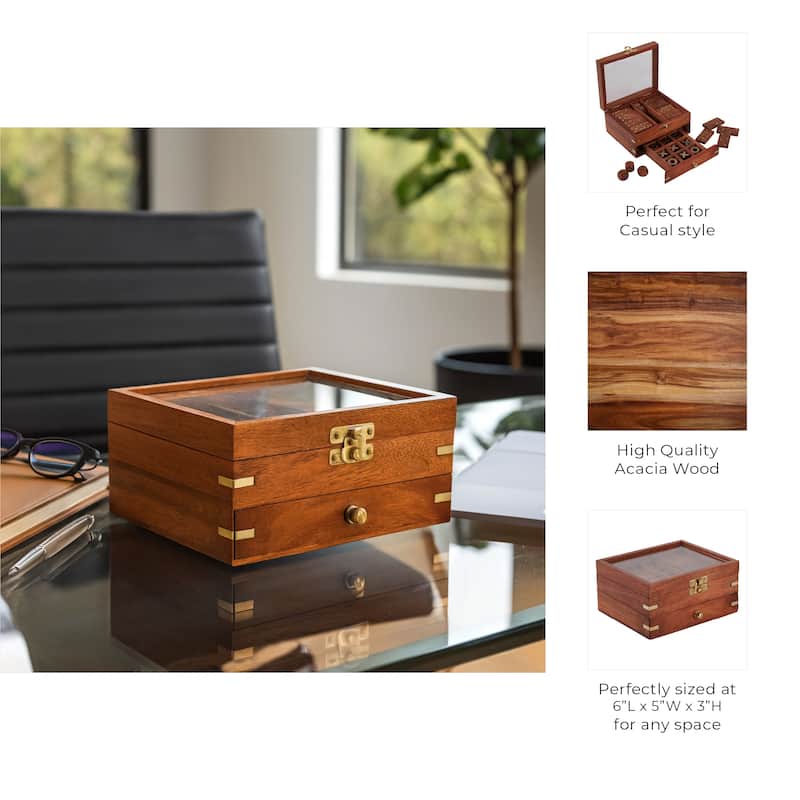 3 in 1 Classic Tabletop Game Set in Wooden Case Storage - 6", Brown & Gold - 6.0"