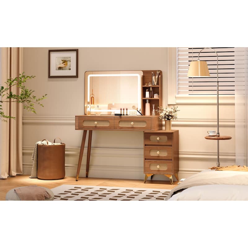 47"Makeup Vanity with Mirror and Lights, Vanity Desk with 5 Drawers and Storage Shelf, 3 Color Modes and Adjustable Brightness