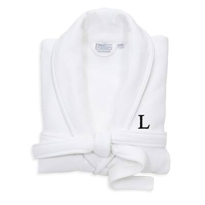 Authentic Hotel and Spa White Unisex Turkish Cotton Waffle Weave Terry Bath Robe with Black Block Monogram