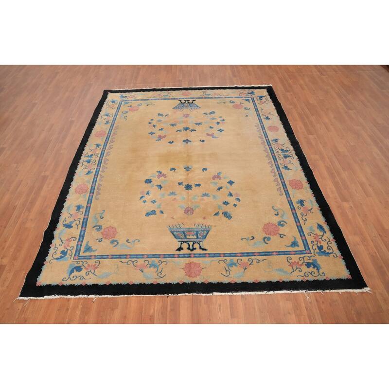Hand Knotted Oriental 100% Wool Carpet Traditional Floral Oranges & Rust Art Deco Area Rug - 9' 9'' X 7' 11''