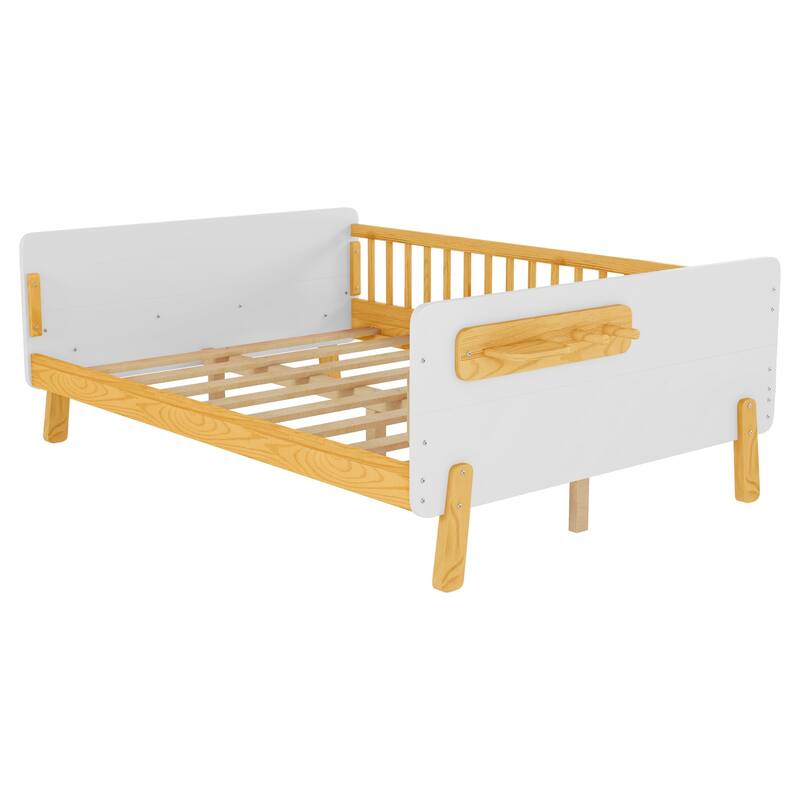 Kids Wood Platform Bed with Guardrails, Bottle Holder and 2 Hanging Rod, Convertible Toddler Daybed, Low Profile Design Frame