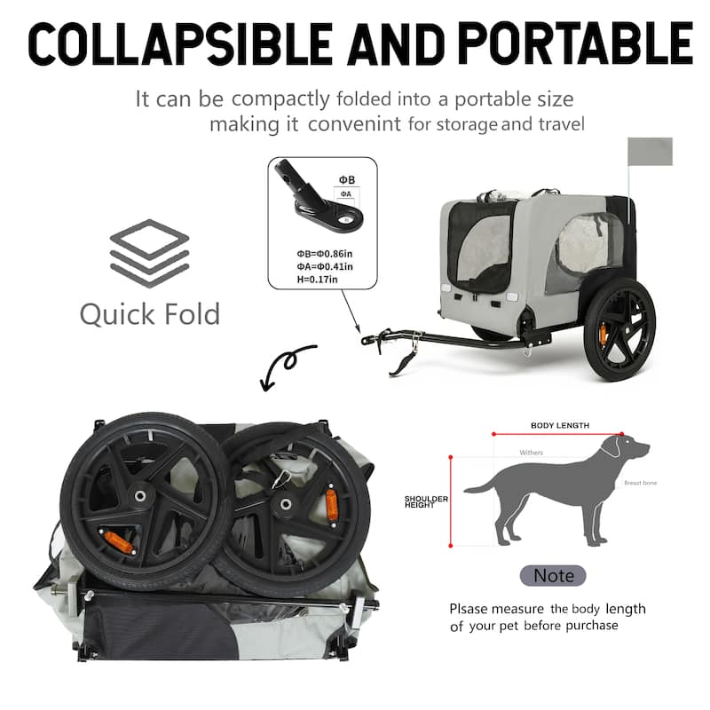 Heavy Duty Collapsible Pet Bike Trailer with 16" Wheels, Foldable Dog Bicycle Carrier Cart with Hitch & Reflectors