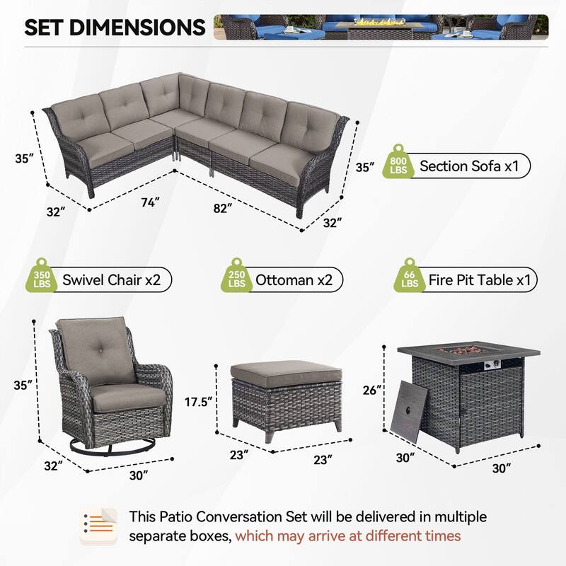 Outdoor 2 Sectional Sofa with Fire Pit Table Set