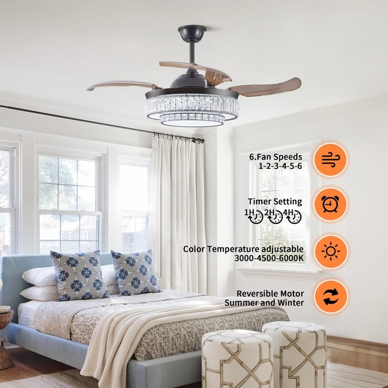 48" Modern Crystal Ceiling Fan With Retractable LED Light – 6-Speed Quiet DC Motor & Remote Control, Reversible 4-Blade Design.