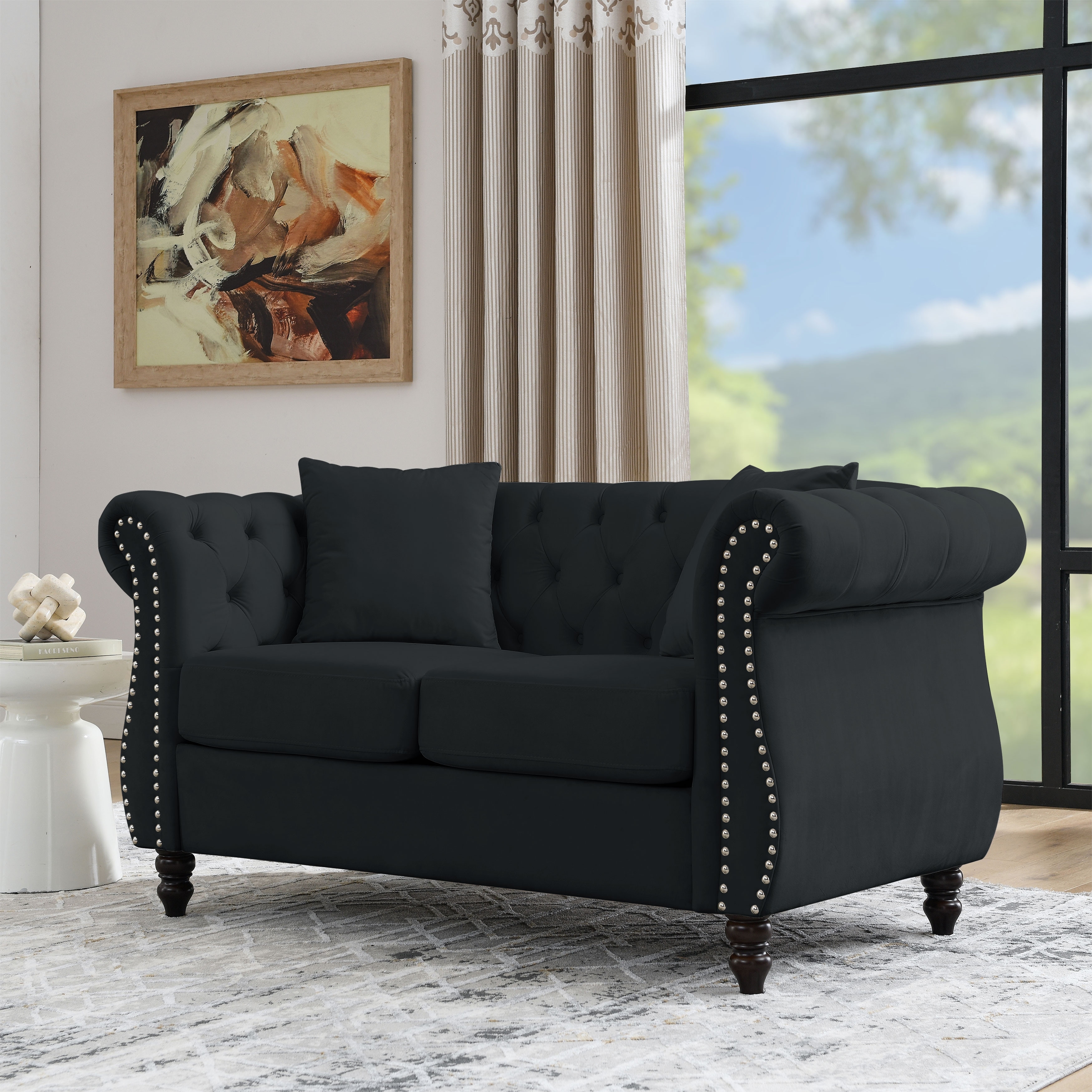 Rolled Armrests Lounge Sofa with Pillows, 2 Seater Couch with Nailhead Trim, Velvet Upholstered Seat for Living Room