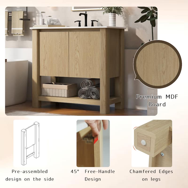 Bathroom Vanity with Ceramic Sink, Bathroom Cabinet with Soft-Closing Doors, Freestanding Cabinet with Open Shelf
