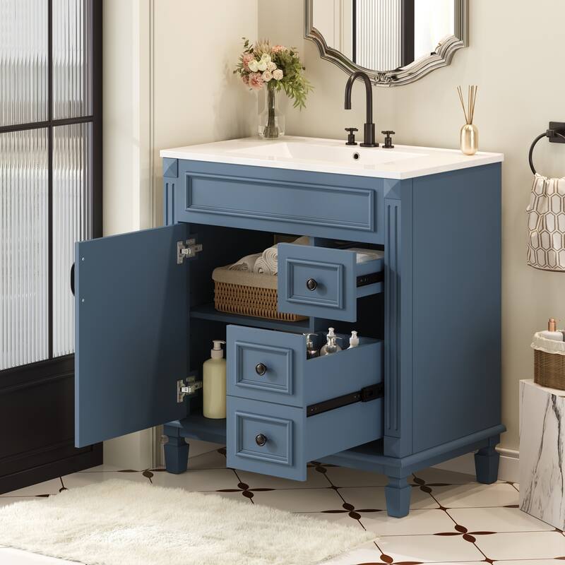 30" Modern Bathroom Vanity with Ceramic Sink - Small Space Cabinet with 2 Soft-Close Drawers & Adjustable Shelf