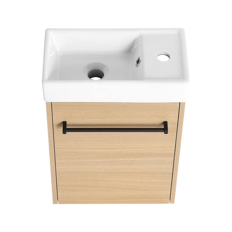16" Wall-Mounted Bathroom Vanity with Carrara White Ceramic Sink, Soft-Close Doors, and Ample Storage