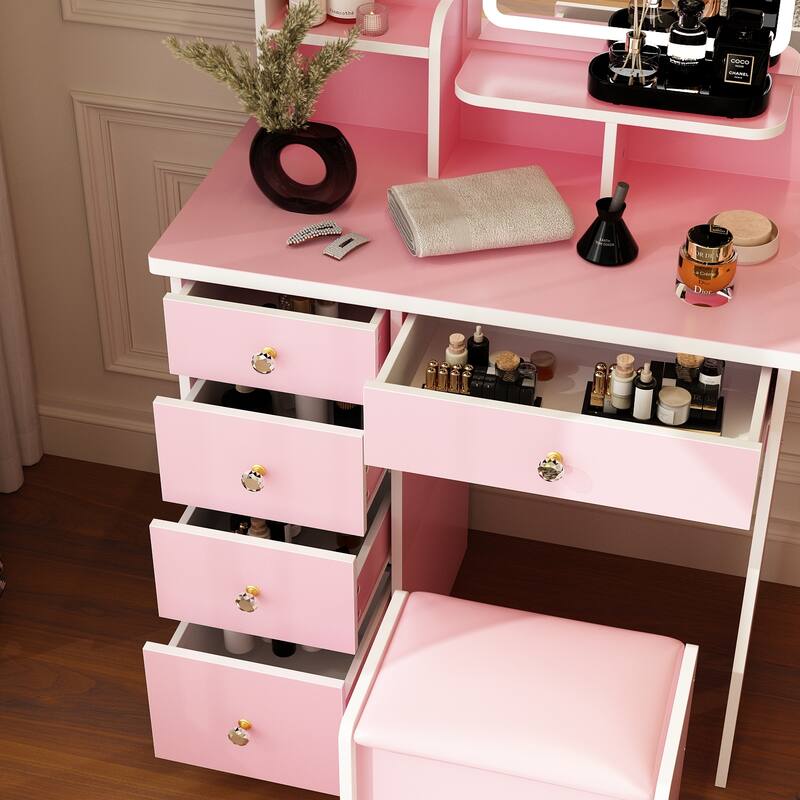 Vanity Desk with LED Lighted Mirror, Makeup Vanity Table with Drawers, Shelves and Stool