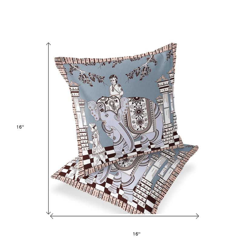 HomeRoots Set of Two 16" X 16" Blue and Brown Elephant Blown Seam Floral Indoor Outdoor Throw Pillow - 16.00' X '16.00' X '5.00