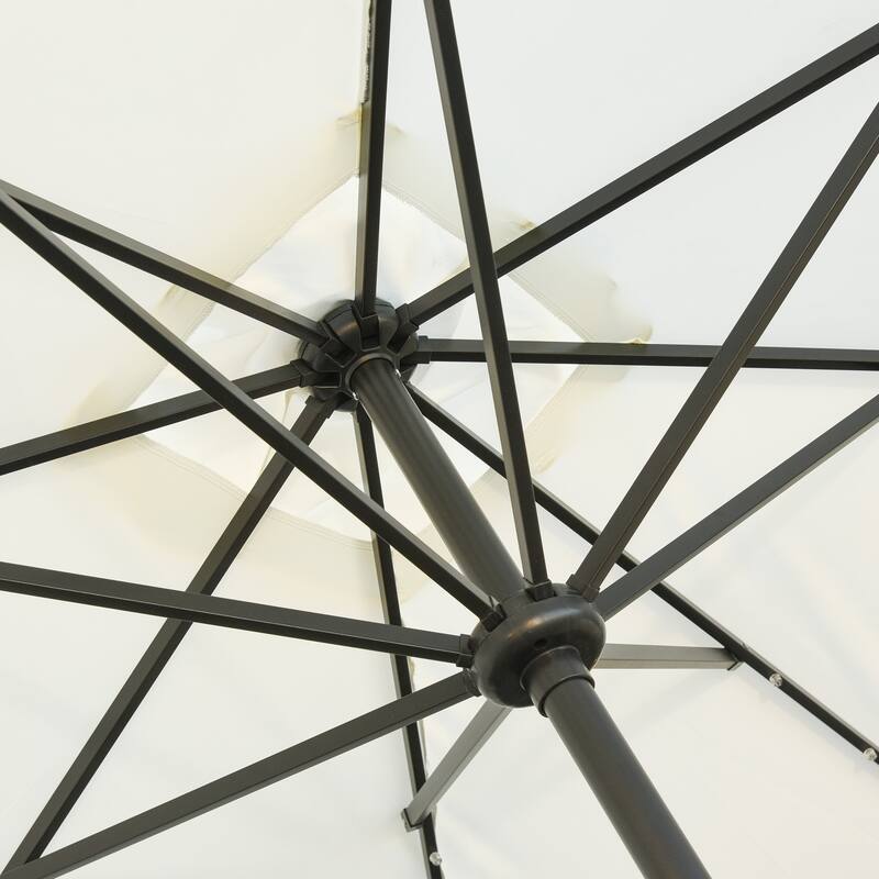 Outdoor terrace umbrella with tilting mechanism and LED lighting